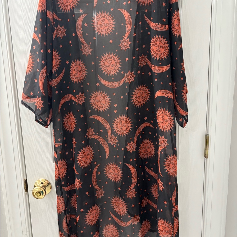 Black and Orange Sheer Kimono with Celestial Print